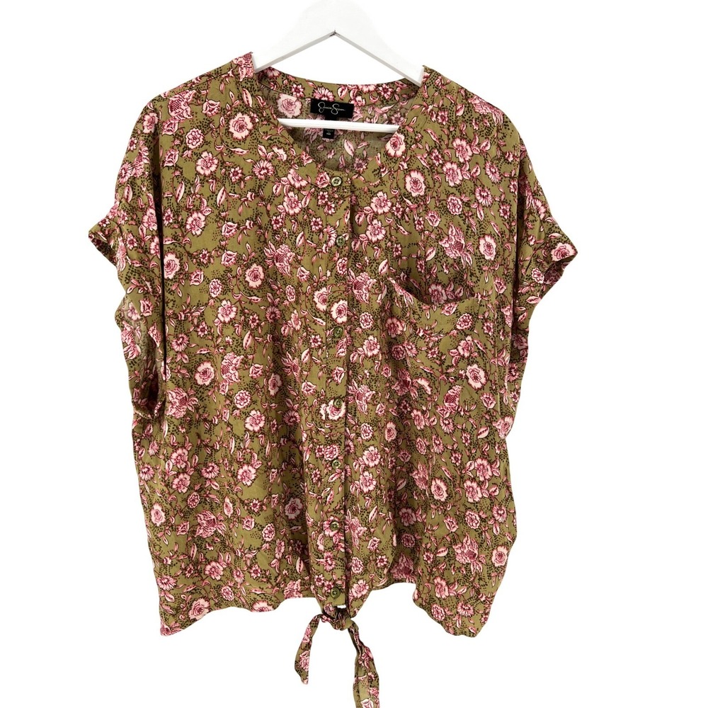 Jessica Simpson Top Women 3X Olive Pink Floral Tie Front Button Down Cottagecore